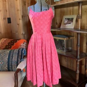 1950s or early 1960s style coral batik sundress